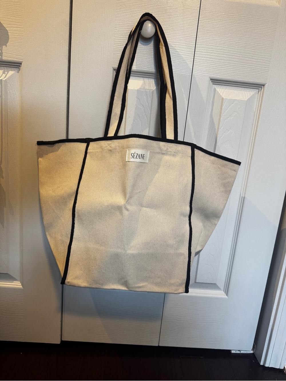 New Sezane Cream Canvas Tote with Black Trim